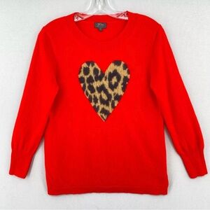 J Crew Everyday 100% Cashmere Crewneck Red Leopard Heart Pullover Sweater XL New